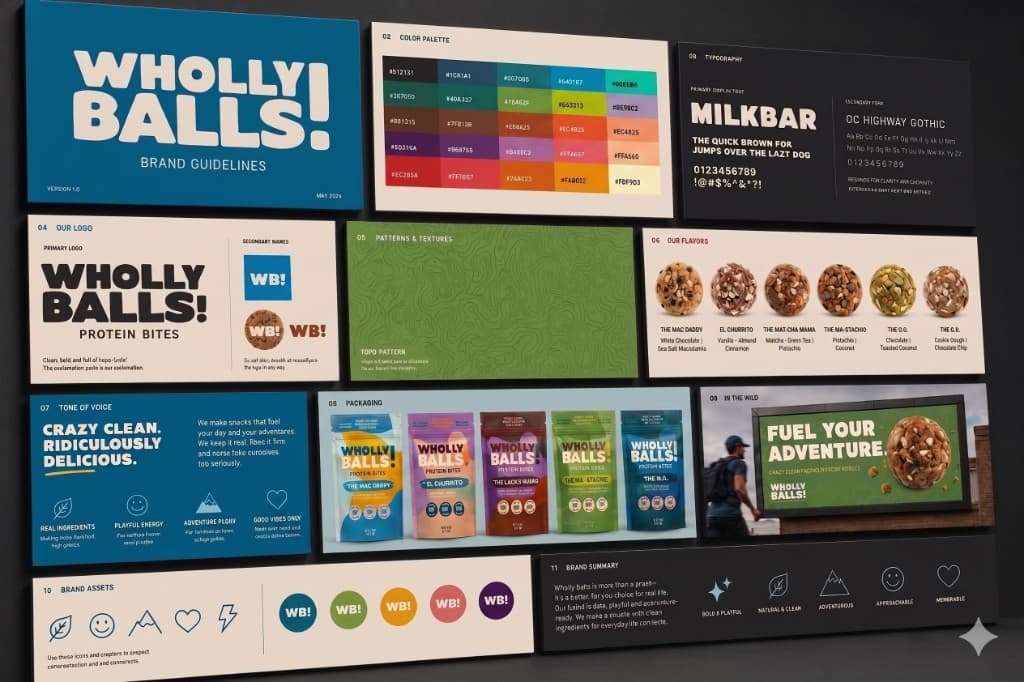 Wholly Balls brand guidelines overview showing logo, color palette, typography, flavors, packaging, and brand assets