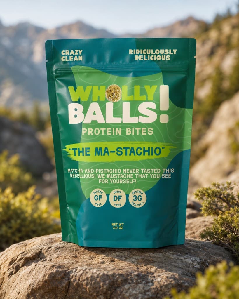 Wholly Balls Mastachio packaging mockup