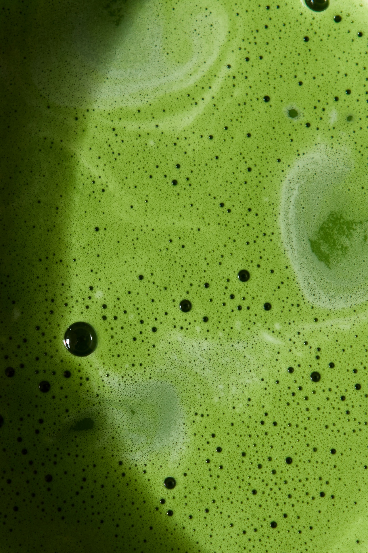 Close crop of whisked matcha foam, deep green with fine bubbles