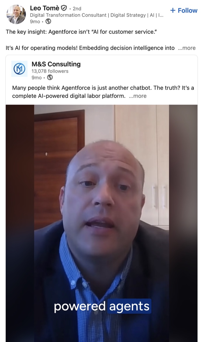 An employee resharing an M&S Consulting post about AI operating models, adding their own take