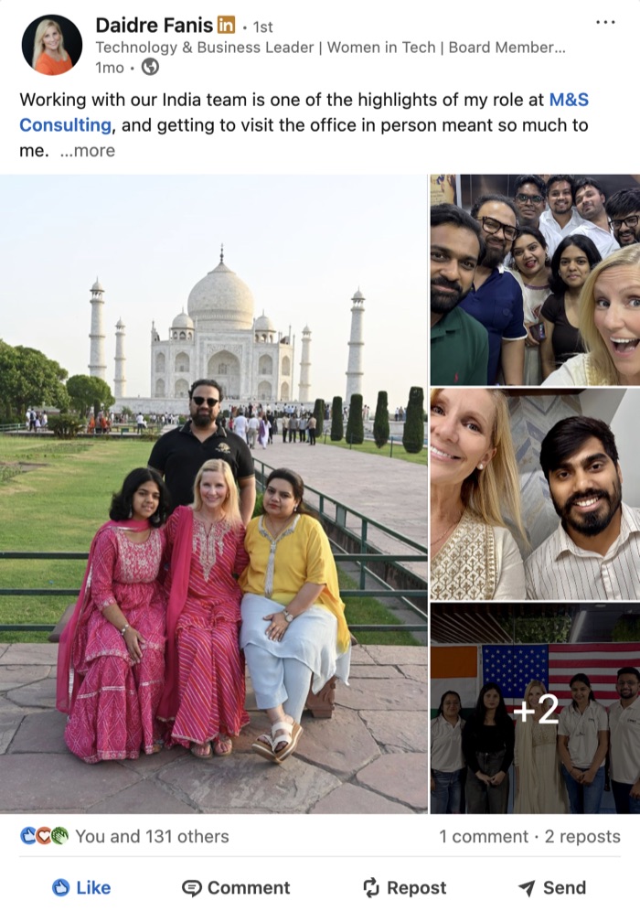 LinkedIn post from an M&S leader sharing photos from a visit with the company's India team