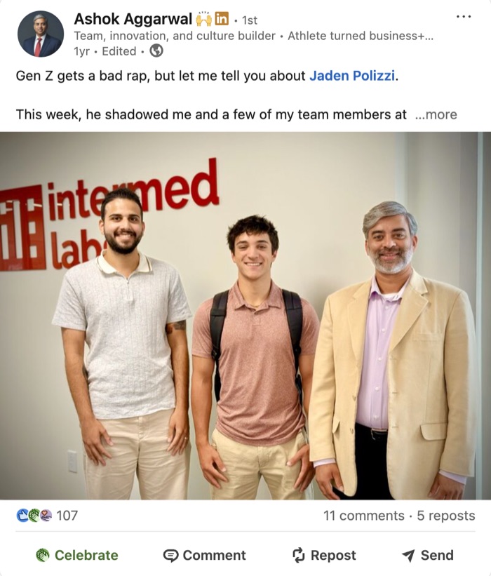 LinkedIn post from an M&S leader about hosting a student for a job-shadow week