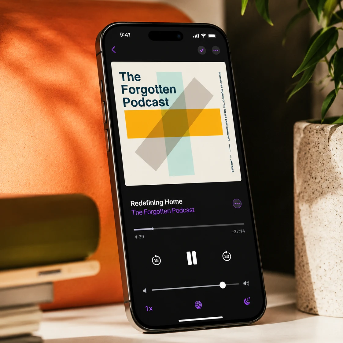 An episode of The Forgotten Podcast playing on a phone, the cover artwork filling the screen above the player controls