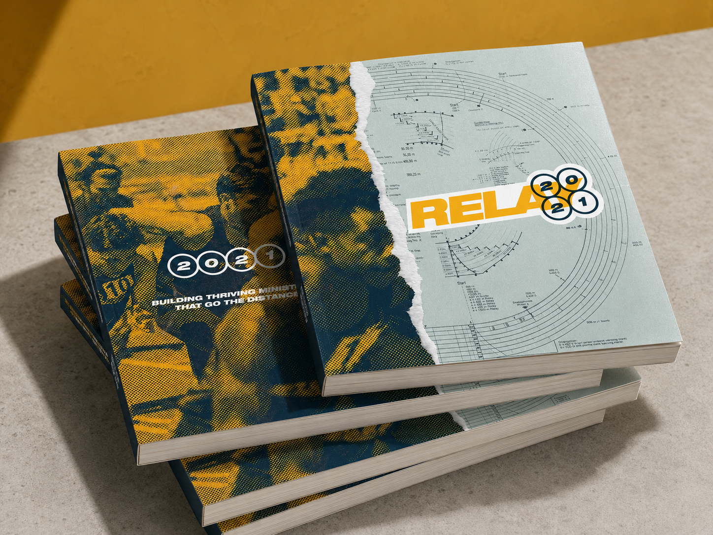 A stack of the Relay 2021 booklet, Building Thriving Ministries That Go the Distance
