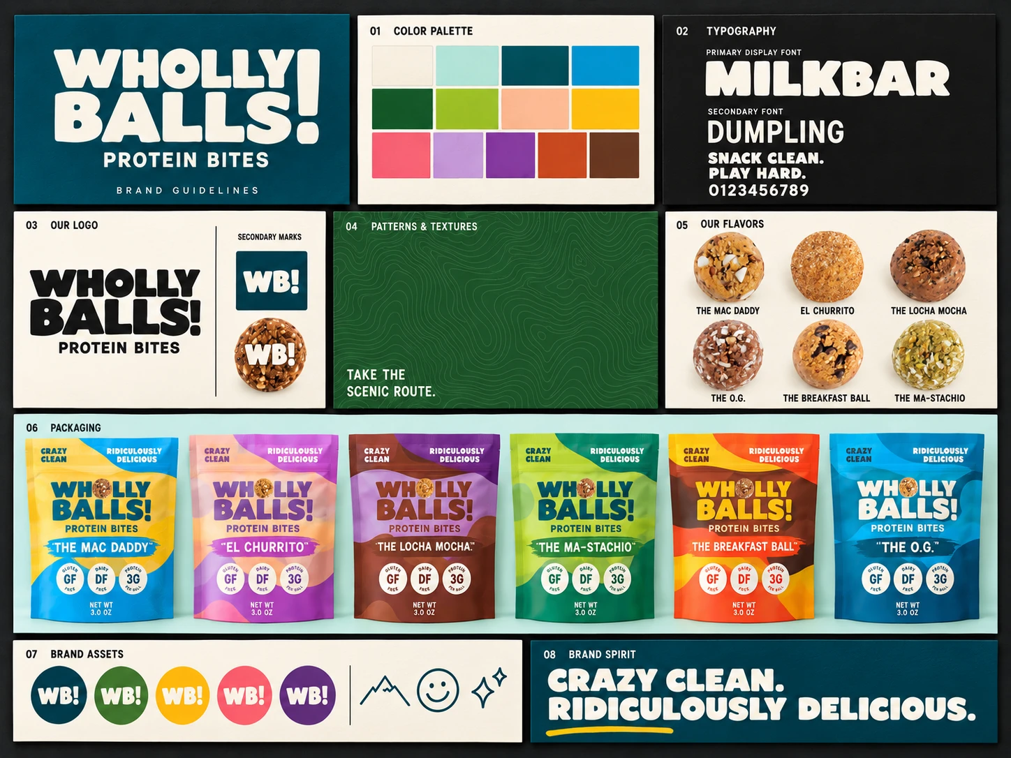 Pages from the Wholly Balls brand guidelines laid out in a grid: cover, color palette, typography, logo, topo pattern, all six flavors, the packaging lineup, brand assets and the Crazy Clean. Ridiculously Delicious. line