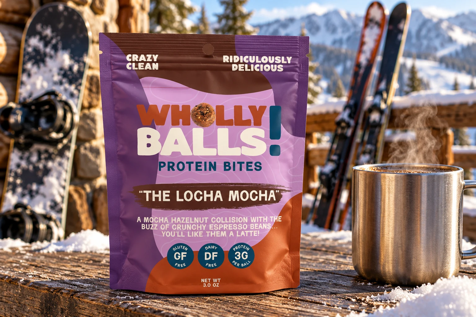 A Locha Mocha pouch on a snowy wooden railing beside a steaming steel mug, with a snowboard, skis and mountains behind