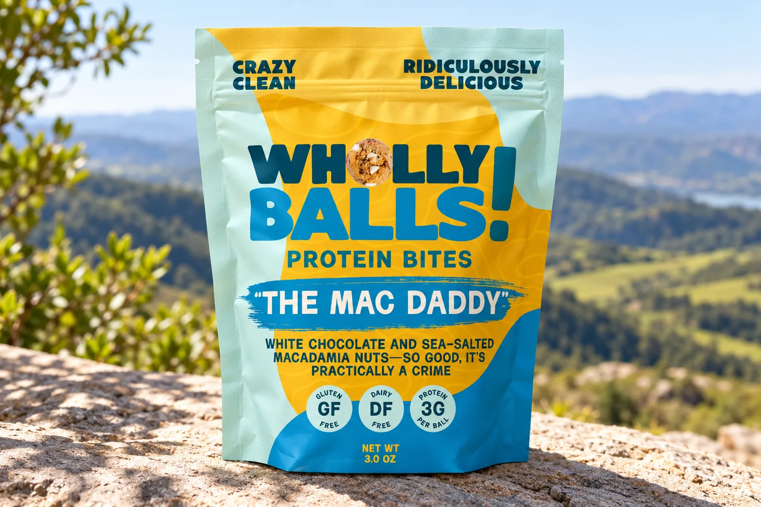 A Mac Daddy pouch standing on a granite ledge above a green valley