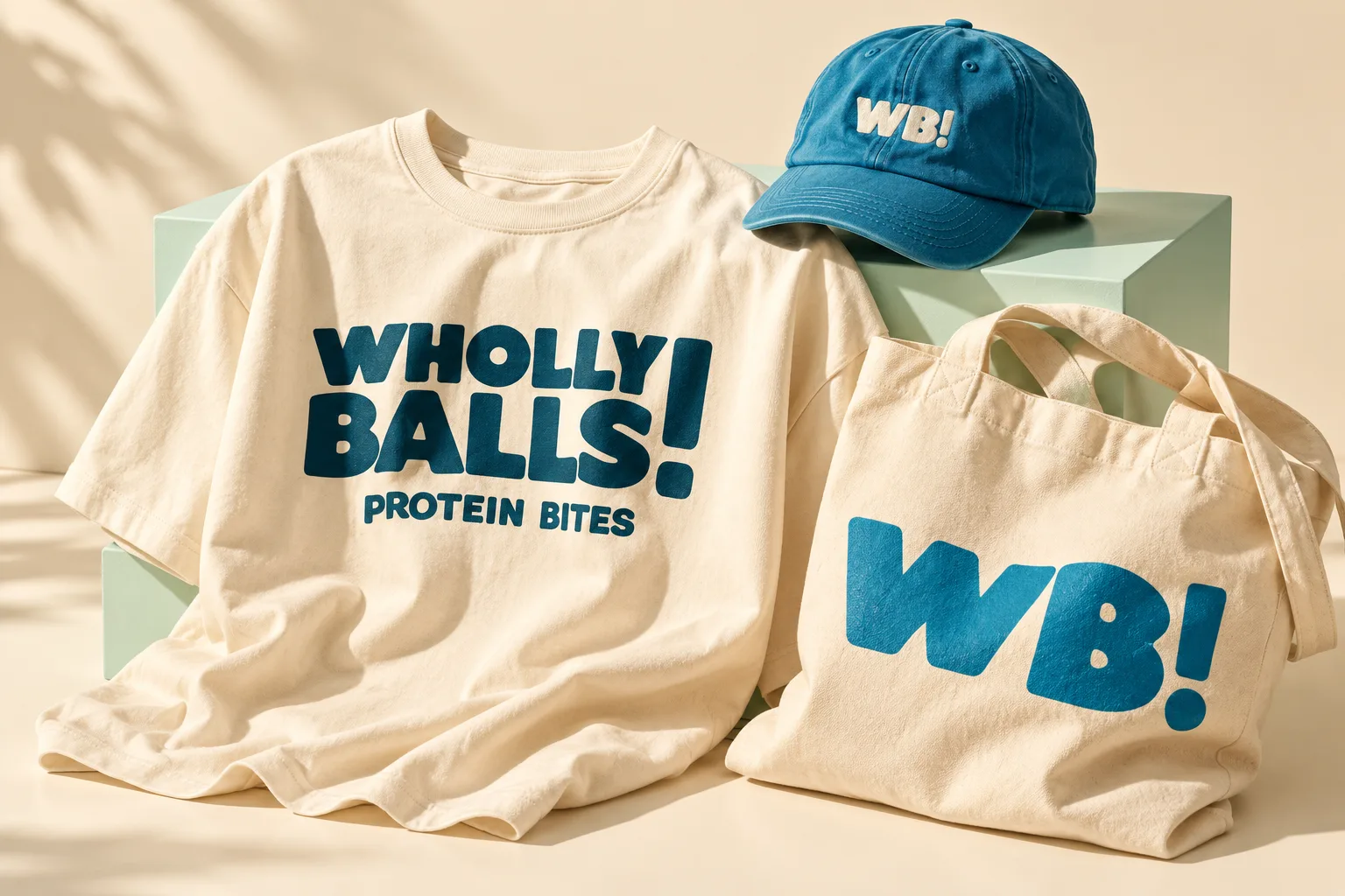 A cream Wholly Balls T-shirt with the stacked wordmark, a blue cap and a canvas tote with the WB! monogram